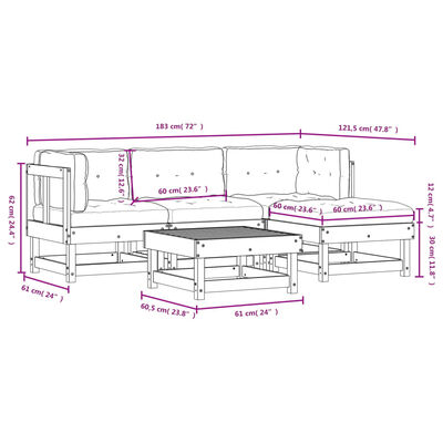 vidaXL 5-delige Loungeset met kussens massief hout wit