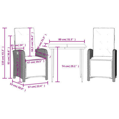 vidaXL 3-delige Bistroset met kussens poly rattan beige