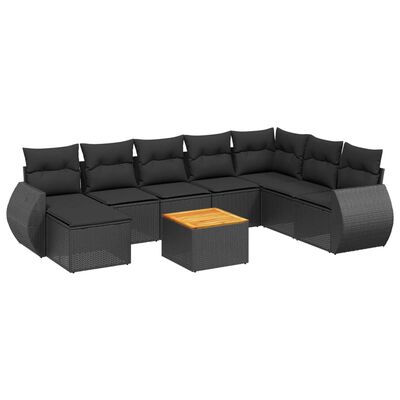 vidaXL 9-delige Loungeset met kussens poly rattan zwart