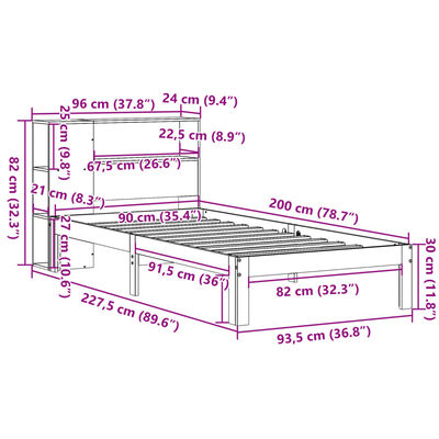 vidaXL Bed met boekenkast zonder matras massief grenenhout 90x200 cm