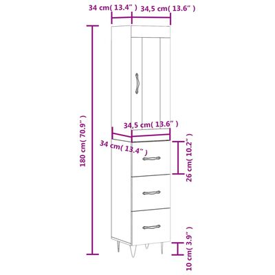 vidaXL Hoge kast 34,5x34x180 cm bewerkt hout hoogglans wit