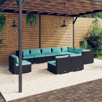 vidaXL 10-delige Loungeset met kussens poly rattan zwart