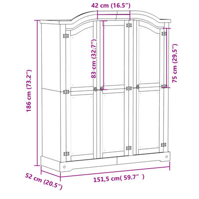 vidaXL Kledingkast Corona wit 151,5x52x186 cm massief grenenhout