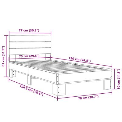 vidaXL Bedframe bewerkt hout en metaal bruin eikenkleurig 75x190 cm