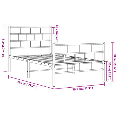 vidaXL Bedframe met hoofd- en voeteneinde metaal wit 75x190 cm