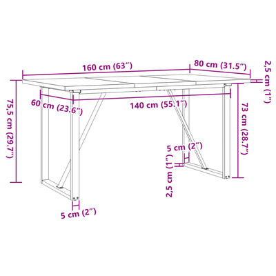 vidaXL Eettafel O-frame 160x80x75,5 cm massief grenenhout en gietijzer