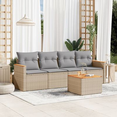 vidaXL 5-delige Loungeset met kussens poly rattan gemengd beige