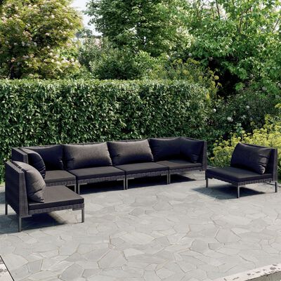 vidaXL 6-delige Loungeset met kussens poly rattan donkergrijs