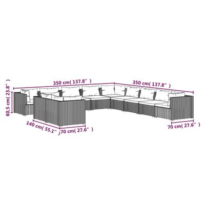 vidaXL 11-delige Loungeset met kussens poly rattan grijs