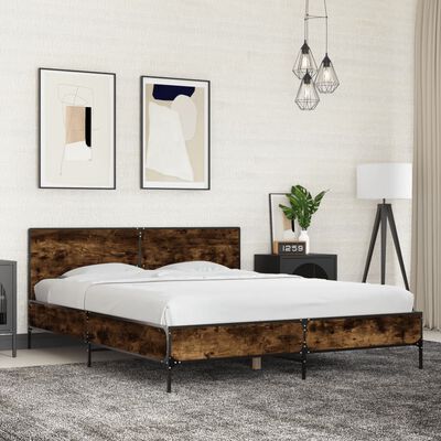 vidaXL Bedframe bewerkt hout metaal gerookt eikenkleurig 150x200 cm