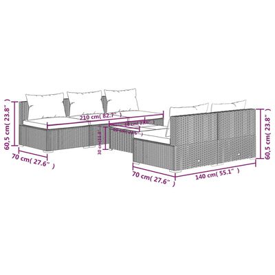 vidaXL 6-delige Loungeset met kussens poly rattan grijs