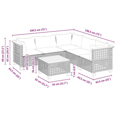 vidaXL 6-delige Loungeset met kussens poly rattan zwart