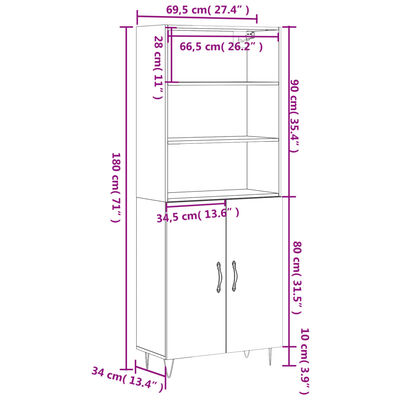 vidaXL Hoge kast 69,5x34x180 cm bewerkt hout bruin eikenkleur