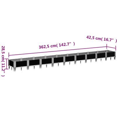 vidaXL Plantenbak met pinnen 362,5x42,5x28,5 cm polypropeen lichtgrijs