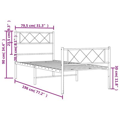 vidaXL Bedframe met hoofd- en voeteneinde metaal wit 75x190 cm