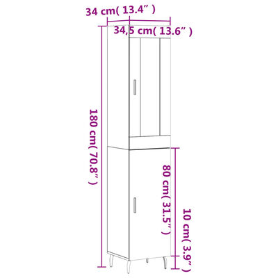 vidaXL Hoge kast 34,5x34x180 cm bewerkt hout grijs sonoma eikenkleurig