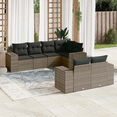 vidaXL 7-delige Loungeset met kussens poly rattan grijs