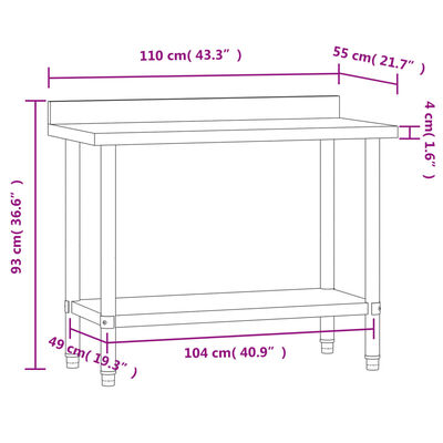 vidaXL Keukenwerktafel met spatscherm 110x55x93 cm roestvrij staal