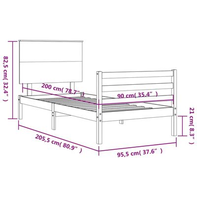 vidaXL Bedframe met hoofdbord massief hout wit 90x200 cm