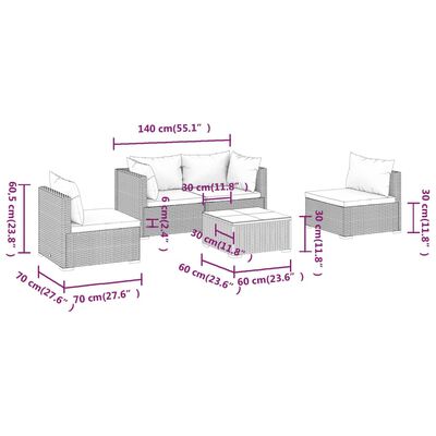 vidaXL 5-delige Loungeset met kussens poly rattan bruin