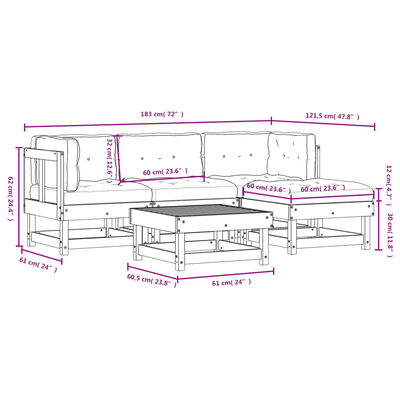 vidaXL 5-delige Loungeset met kussens massief hout