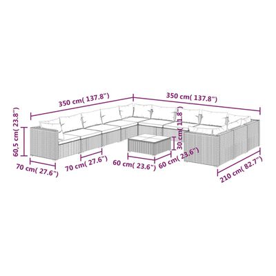 vidaXL 12-delige Loungeset met kussens poly rattan zwart