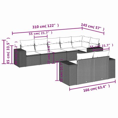 vidaXL 8-delige Loungeset met kussens poly rattan lichtgrijs