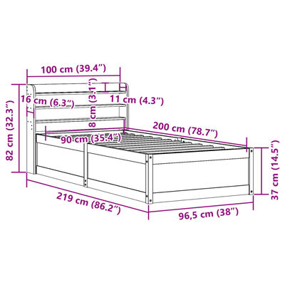 vidaXL Bedframe met hoofdbord massief grenenhout wit 90x200 cm