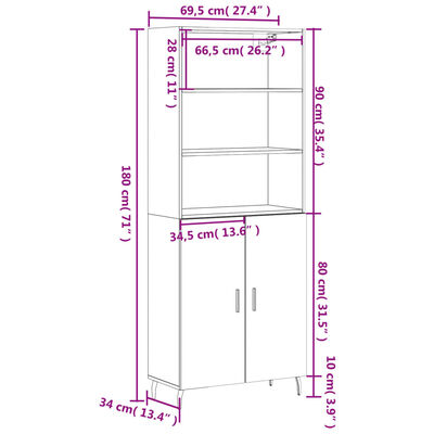 vidaXL Hoge kast 69,5x34x180 cm bewerkt hout gerookt eikenkleurig