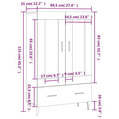 vidaXL Hoge kast 69,5x31x115 cm bewerkt hout gerookt eikenkleurig