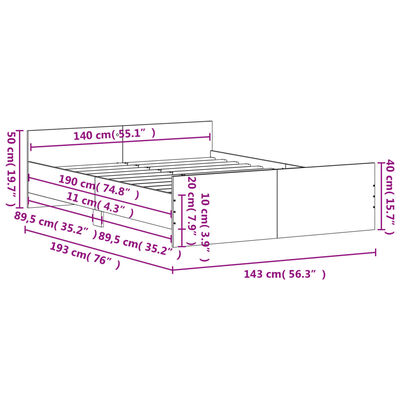 vidaXL Bedframe met hoofd- en voeteneinde grijs sonoma 140x190 cm