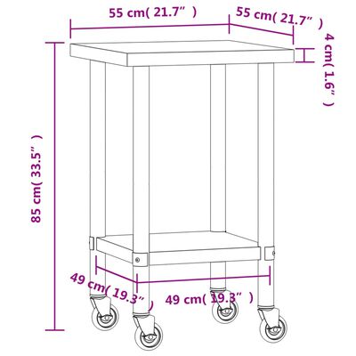 vidaXL Keukenwerktafel met wielen 55x55x85 cm roestvrij staal