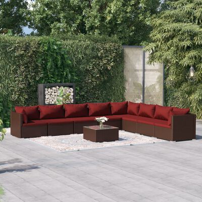 vidaXL 9-delige Loungeset met kussens poly rattan bruin