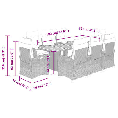 vidaXL 9-delige Tuinset met kussens poly rattan grijs