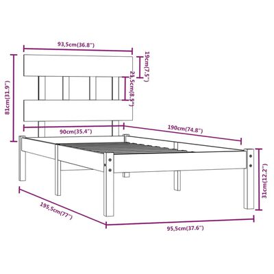 vidaXL Bedframe massief hout zwart 90x190 cm