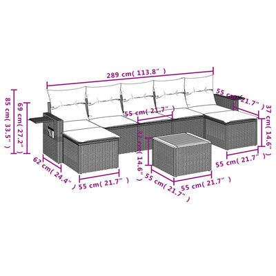 vidaXL 8-delige Loungeset met kussens poly rattan grijs