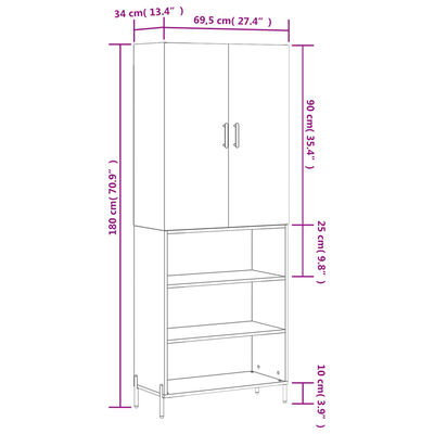 vidaXL Hoge kast 69,5x34x180 cm bewerkt hout grijs sonoma eikenkleurig