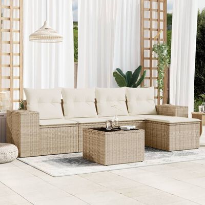 vidaXL 6-delige Loungeset met kussens poly rattan beige