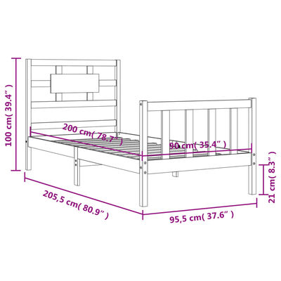 vidaXL Bedframe met hoofdbord massief hout wit 90x200 cm