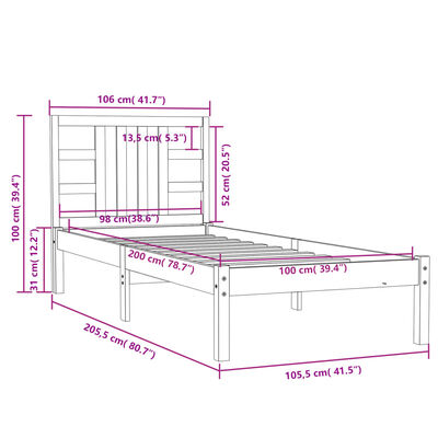 vidaXL Bedframe massief hout wit 100x200 cm