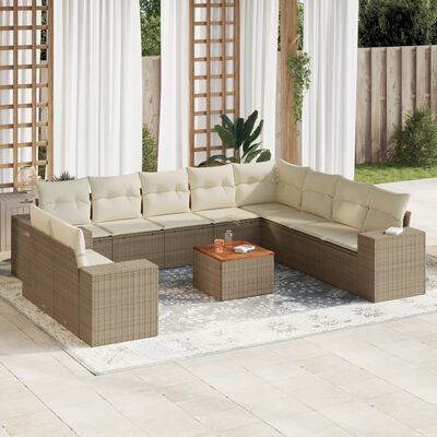 vidaXL 11-delige Tuinset met kussens poly rattan beige