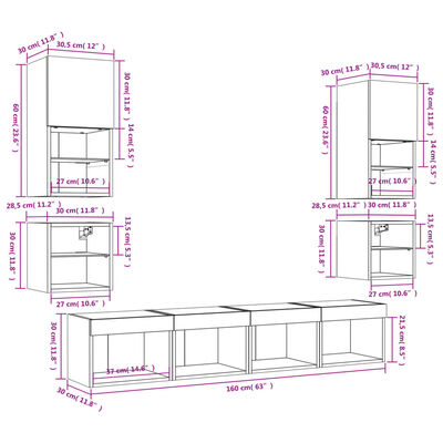 vidaXL 8-delige tv-wandmeubelset met LED bewerkt hout gerookt eiken