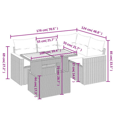 vidaXL 5-delige Loungeset met kussens poly rattan zwart