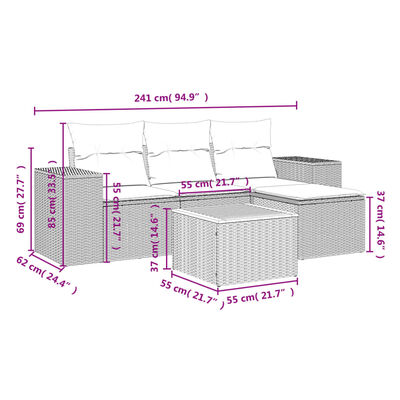 vidaXL 5-delige Loungeset met kussens poly rattan beige