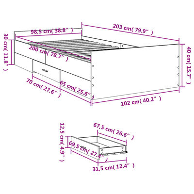 vidaXL Bedframe met lades bewerkt hout grijs sonoma eiken 100x200 cm