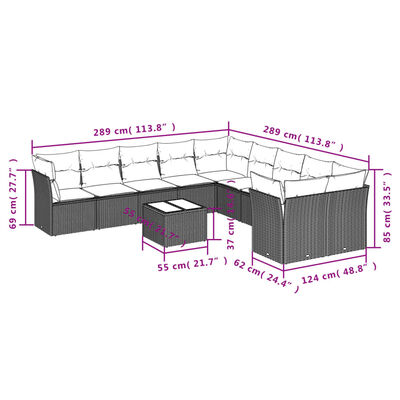 vidaXL 11-delige Loungeset met kussens poly rattan grijs