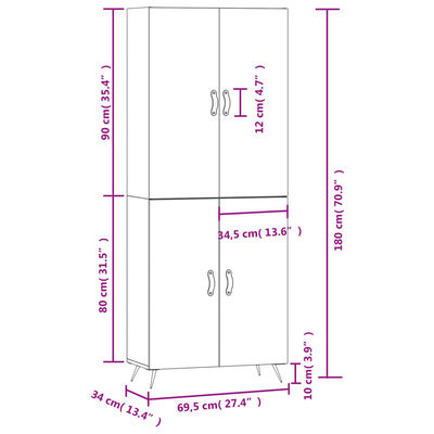 vidaXL Hoge kast 69,5x34x180 cm bewerkt hout hoogglans wit