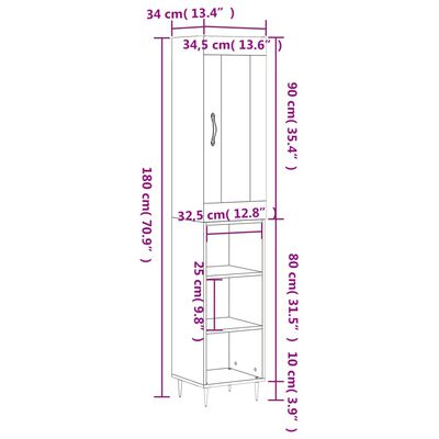 vidaXL Hoge kast 34,5x34x180 cm bewerkt hout grijs sonoma eikenkleurig