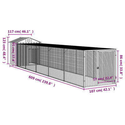 vidaXL Kippenhok met ren 117x609x123 cm staal lichtgrijs