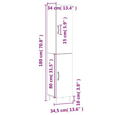 vidaXL Hoge kast 34,5x34x180 cm bewerkt hout grijs sonoma eikenkleurig